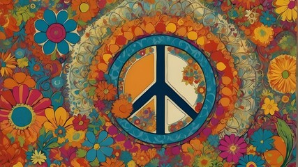 Obraz na płótnie Canvas Visual Aid vintage retro hippie movement in the 1960s music with a flower power vibe 1960s digital art poster with a background of peace and love