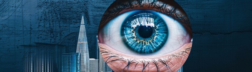An eye peering through a keyhole with a vision of towering skyscrapers, symbolizing the search for business opportunities - obrazy, fototapety, plakaty