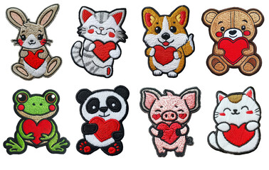Cute kawaii animals with heart embroidered patch badge set on transparent background