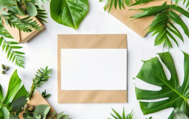 Tropical palm paper with box, envelope and white paper. Flat lay, nature concept, mockup