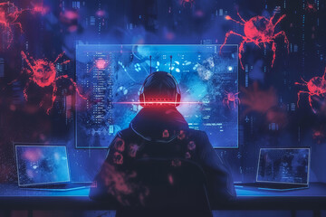 An intense visual of a computer user facing off against a screen filled with advancing bug icons, embodying the struggle against software bugs
