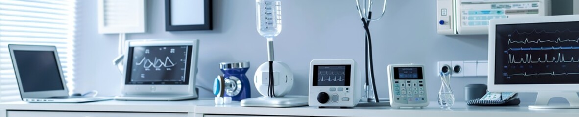 An orderly home healthcare setup with remote monitoring devices, against a clean backdrop for home care technology topics
