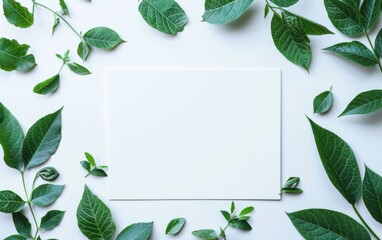 Tropical palm paper with box, envelope and white paper. Flat lay, nature concept, mockup