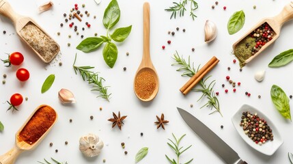 Spices, herbs, and kitchen tools on a plain background.