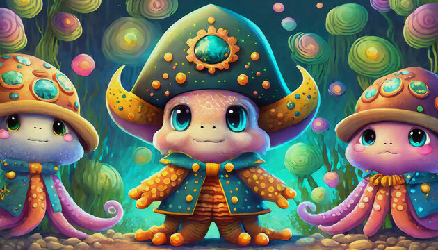OIL PAINTING STYLE CARTOON CHARACTER Multicolored cute baby OCTOPUS  in a pirate costume