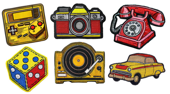 Retro object embroidered patch badge set on transparent background