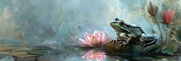 Frog prince awaiting a kiss, perched on a water lily in a magical pond setting