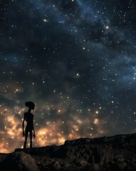 Secretive Area 51 base under a starry sky, an alien silhouette standing guard