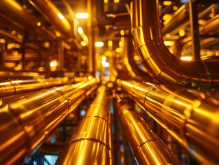 Fototapeta na wymiar The golden glow of innovation in a modern refinery's pipeline network