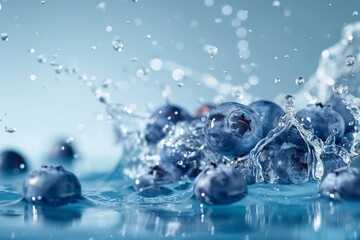 Surreal food shot of blueberries mid-splash, super wide-angle, on a blue background, realistic with deep focus and high detail
