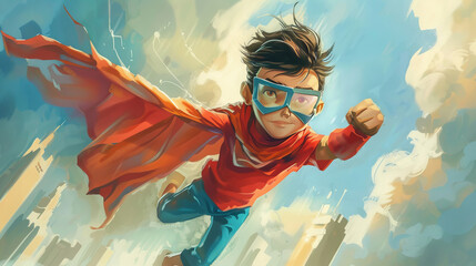 The adventurous life of a superhero kid, tackling everyday challenges with bravery, inspiring young readers - obrazy, fototapety, plakaty