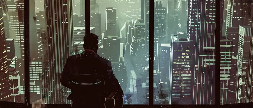 The calculating gaze of a crime lord overseeing their empire from a high-rise office, the city sprawling below
