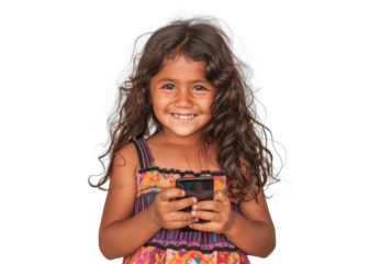 Young Girl Smiling with Phone on Transparent