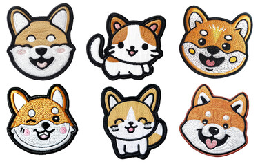 Fototapeta premium Cute kawaii corgi embroidered patch badge set on transparent background.