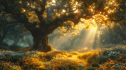 sunset in the forest