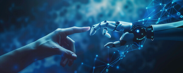 The moment when robot and human hands come closer together, symbolizing connection, cooperation and partnership in the field of technology. - obrazy, fototapety, plakaty