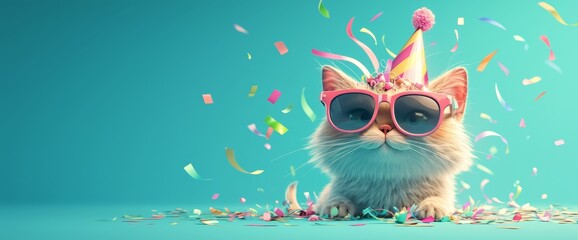 lovely cat with party hat and sunglasses in front of a birthday background
