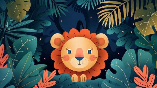   A lion, surrounded by lush tropical plants and leaves, is depicted in a children's book illustration