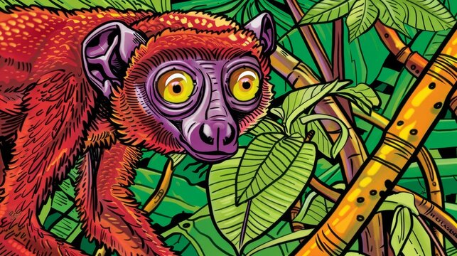   A painting of a monkey on a green tree branch, foreground, with a red monkey in the background