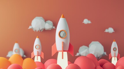 A metaphorical 3D illustration showing a paper rocket soaring upwards - obrazy, fototapety, plakaty