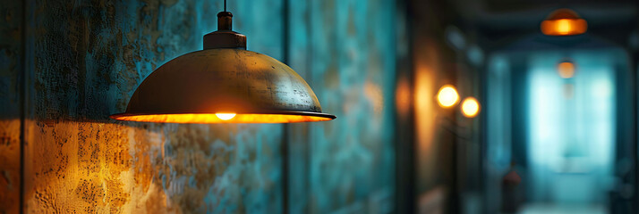 Close-up of a vintage-inspired pendant light in a hallway, hyperrealistic photography of modern interior design - obrazy, fototapety, plakaty