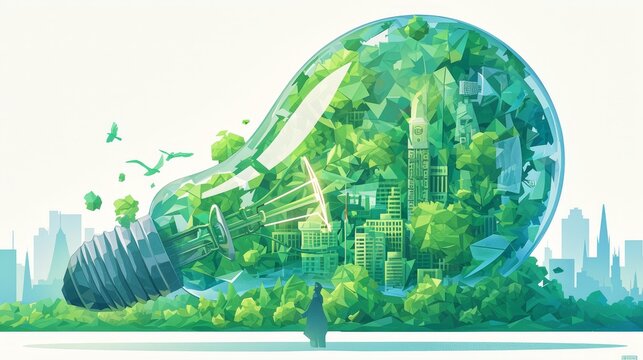 Paper art in the style of an illuminated light bulb surrounded by green trees and buildings, symbolizing ecofriendly energy. 