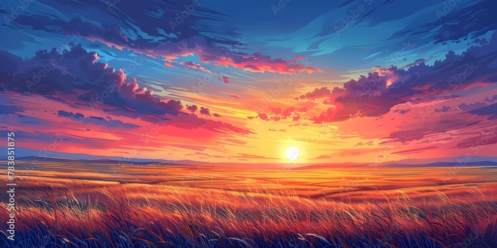 Canvas Prints Vibrant Sunset Over Expansive Prairie Captivating Colorful Sky and Open Landscape