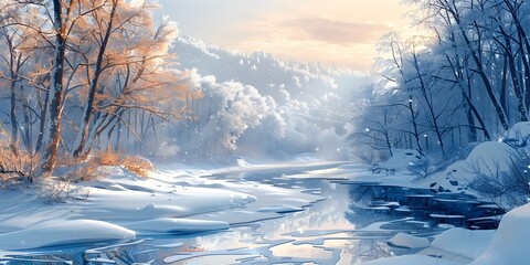 Serene Winter Wonderland Frozen River Winding Through Snow Draped Forest