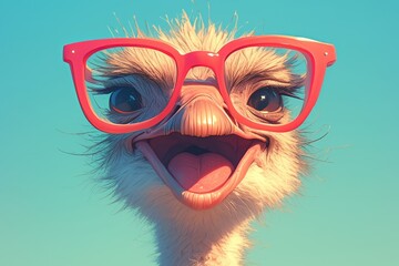 happy ostrich wearing red glasses with a big open mouth against a pastel background  - obrazy, fototapety, plakaty