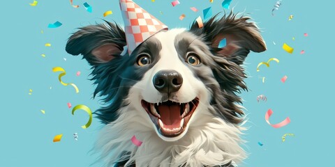 Happy smiling border collie dog wearing a birthday hat, confetti flying around and partying on a light blue background. - obrazy, fototapety, plakaty
