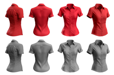 2 Set of woman red maroon grey gray button up short sleeve collar slim fitting shirt front, back, side view on transparent background cutout, PNG file. Mockup template for artwork graphic design