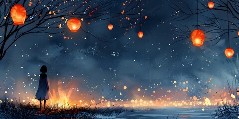 The Ethereal Solstice Lanterns and Bonfires Aglow on the Longest Night of Winter - obrazy, fototapety, plakaty