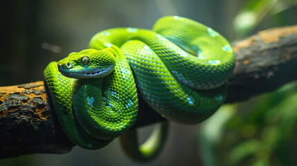 Green snake curled up on a branch - Powered by Adobe