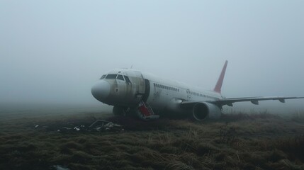 Fototapeta na wymiar A dramatic scene depicting an airplane crash in dense, foggy conditions