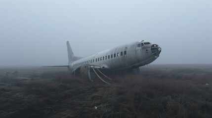 A dramatic scene depicting an airplane crash in dense, foggy conditions