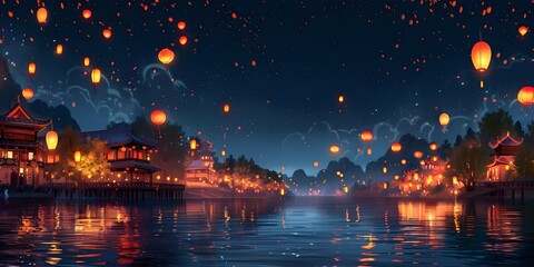 Captivating Lantern Festival Illuminating the River at Dusk with Serene Reflections and Promises of Good Fortune