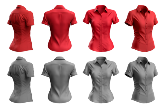 2 Set of woman red maroon grey gray button up short sleeve collar slim fitting shirt front, back, side view on transparent background cutout, PNG file. Mockup template for artwork graphic design