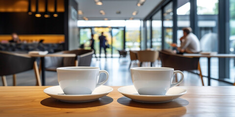 two white coffee cups on a empty table in cafe or restaurant