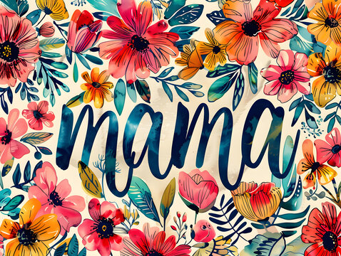 The word "Mama" is surrounded by colorful flowers and leaves. The flowers are drawn with watercolor techniques.
