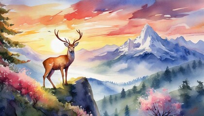 deer on mountain top at sunrise in spring; watercolor postcard - obrazy, fototapety, plakaty