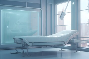 Futuristic High-Class Luxury Hospital Room with Panoramic Window for Relaxing Recovery