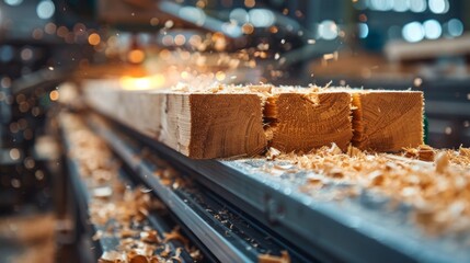 Sawmill. Process of machining logs in equipment sawmill machine saw saws the tree trunk on the plank boards. Wood sawdust work sawing timber wood wooden woodworking