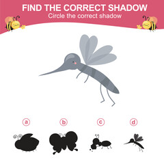 Find the correct shadow. Worksheet for kid. Matching shadow game for children. Circle the correct shadow