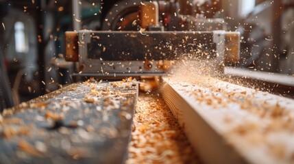 Sawmill. Process of machining logs in equipment sawmill machine saw saws the tree trunk on the plank boards. Wood sawdust work sawing timber wood wooden woodworking