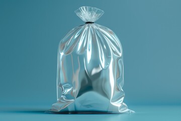 Modern consumers. Showcasing brand aesthetics and compelling marketing messages. Glossy silver plastic bag against blue background. Shopping. Retail.