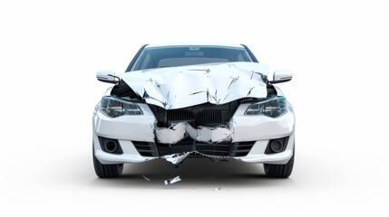 The front of a white car shows significant damage from an accident on the road