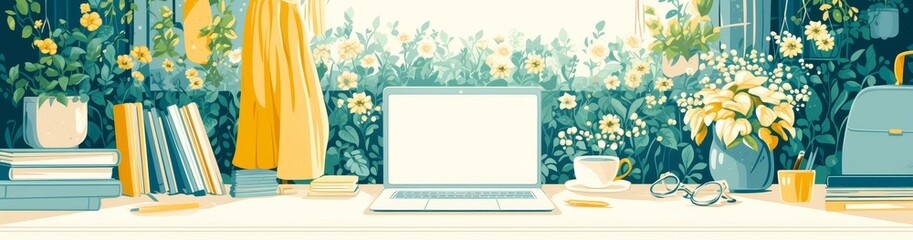 laptop, books and coffee cup on pastel background with copy space