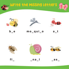 Missing letters worksheet. Complete the letters in English. Kids educational game. Printable worksheet for preschool. Writing practice. Vector 