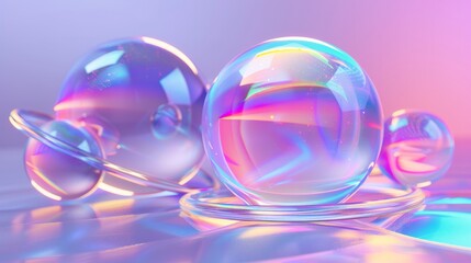 Iridescent crystal spheres with a ring, rendered in 3D