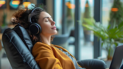 Beautiful employee woman wearing headphones and listening to music while leaning back on a chair during the break time from work, Work life balance.